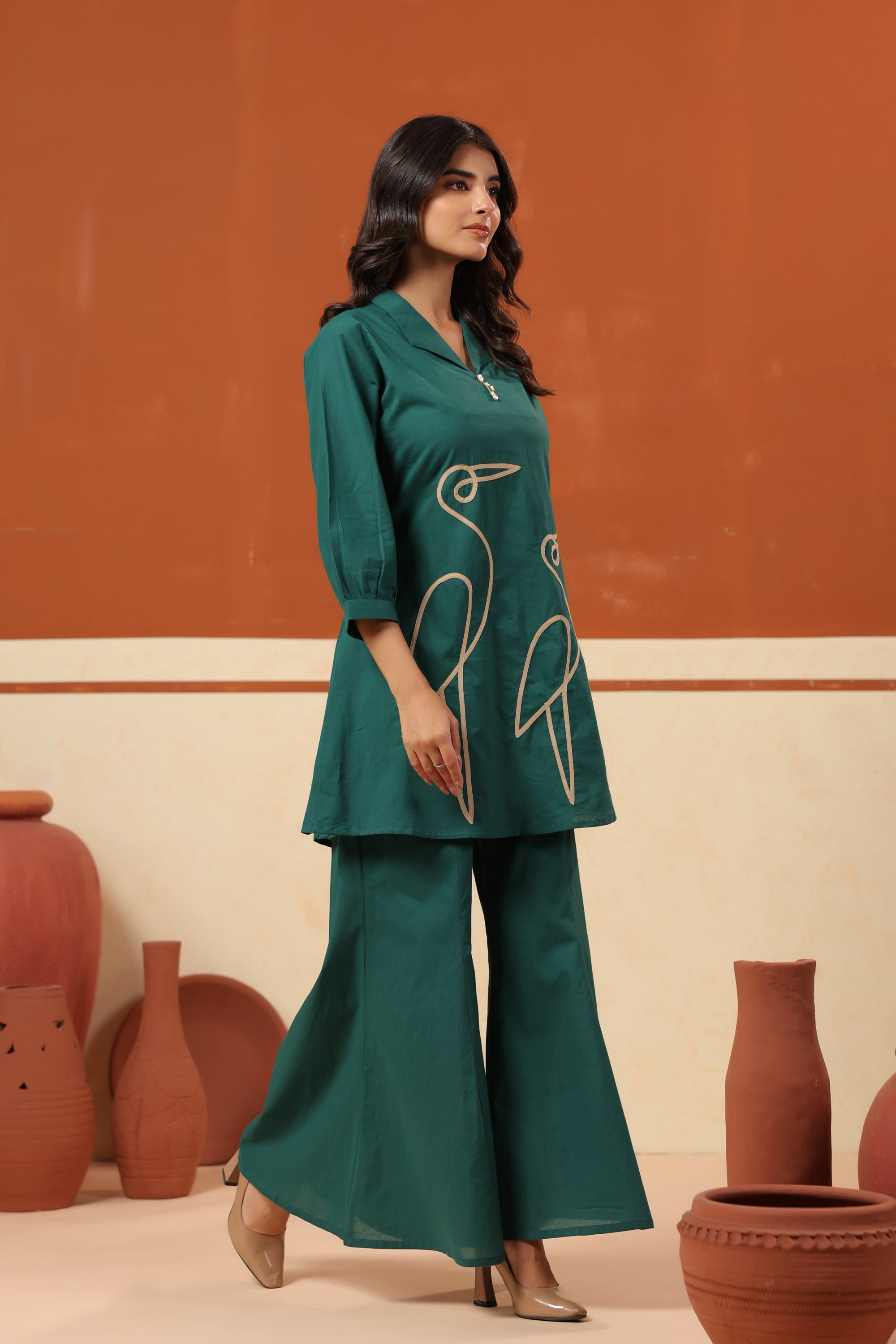 Green Abstract Bird Embroidered Cotton Top Palazzo Co-ord Set