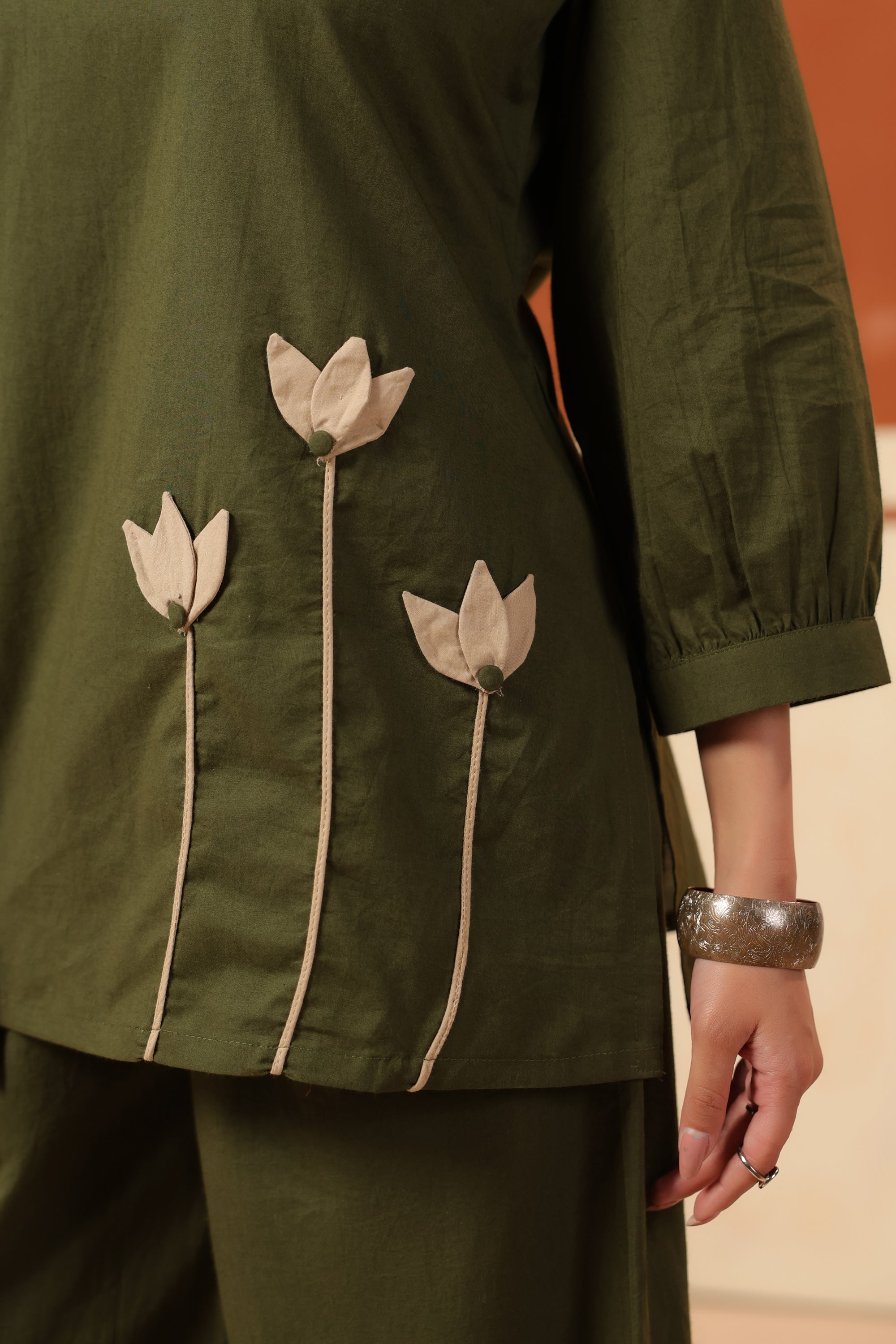 Green Floral Placement Embroidered Cotton Top Palazzo Co-ord Set