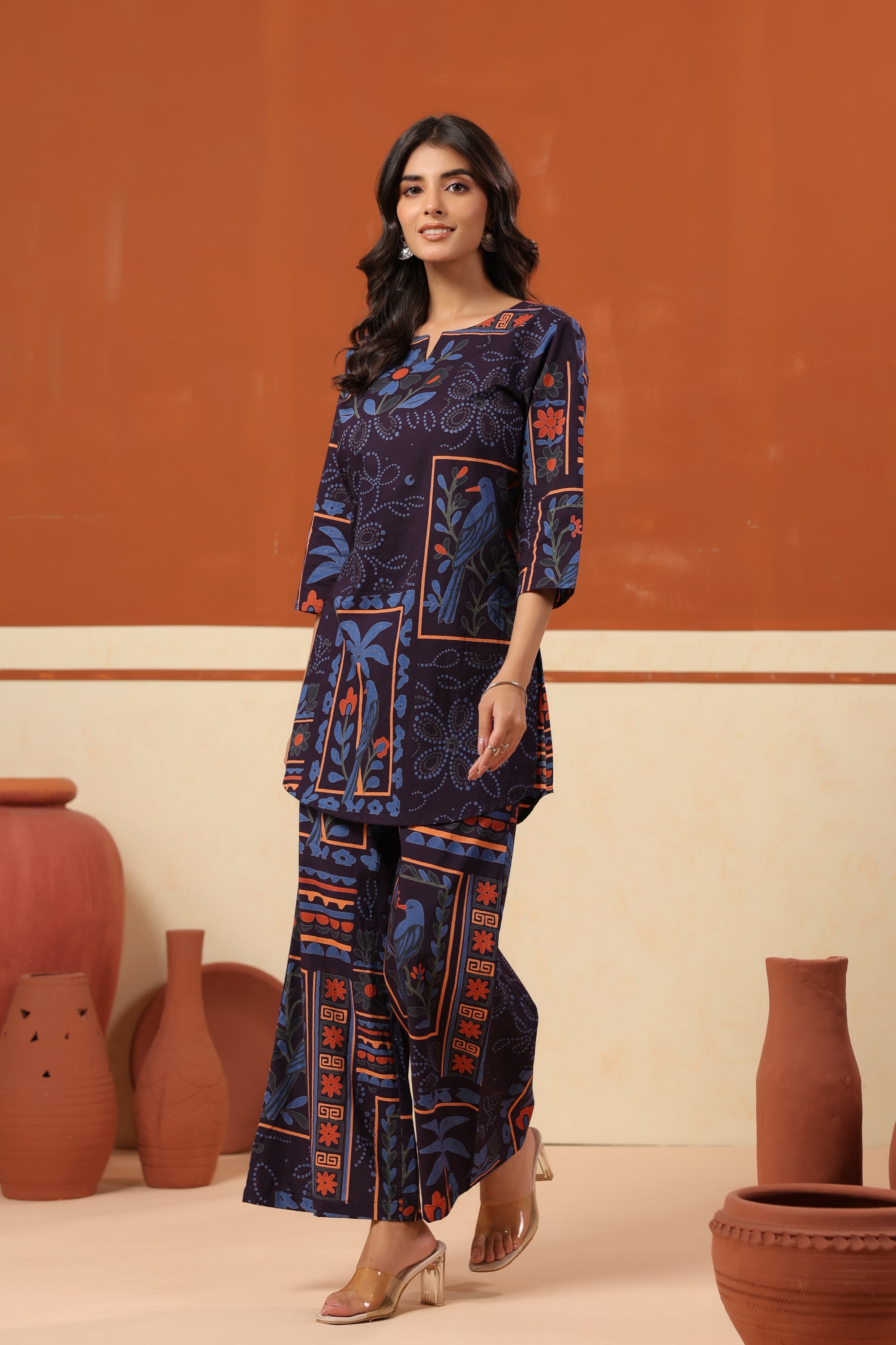 Midnight Blue Bird Story Printed Cotton Top Pant Co-ord Set