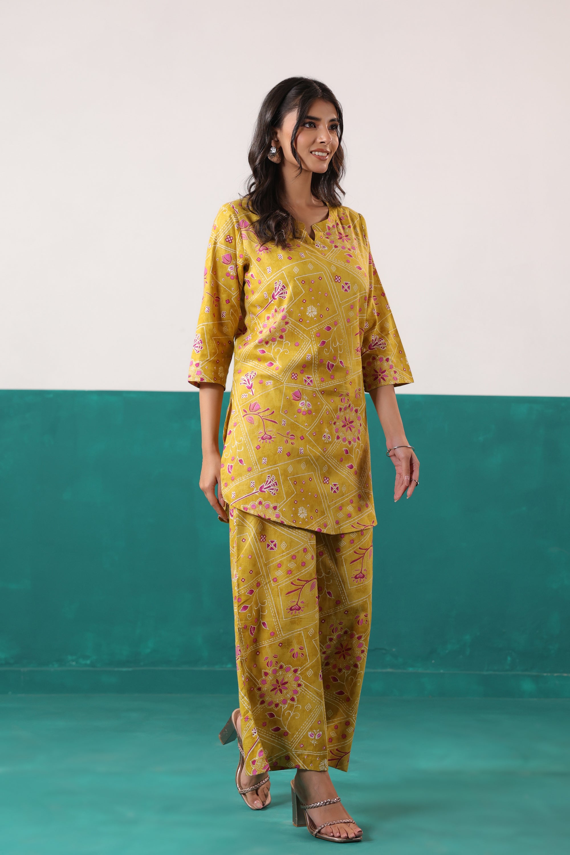 Yellow Bandhani-Inspired Floral Printed Cotton Co-ord Set