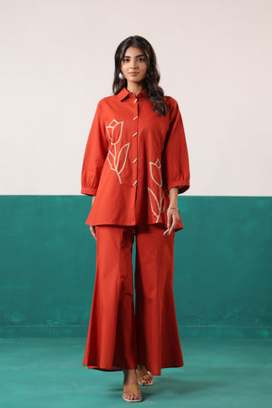 Rust Tulip Placement Embroidered Shirt Palazzo Cotton Co-ord Set