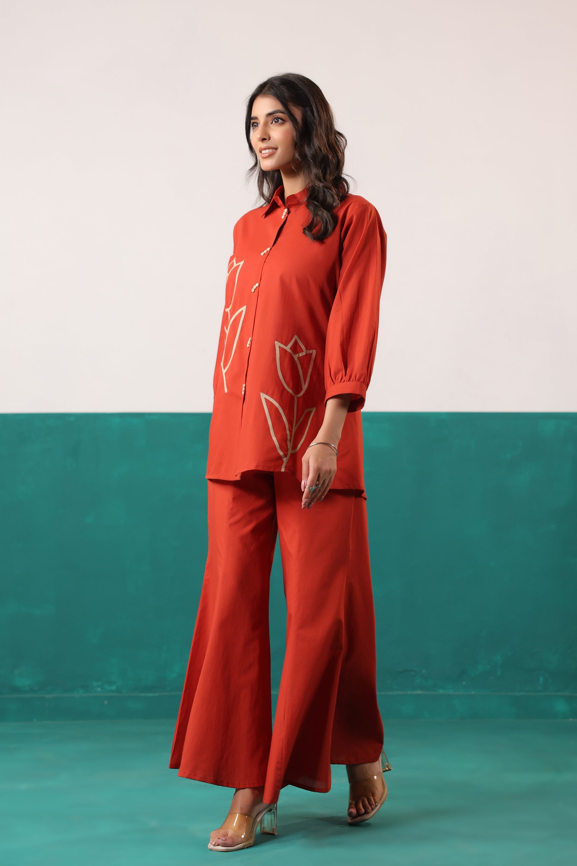 Rust Tulip Placement Embroidered Shirt Palazzo Cotton Co-ord Set