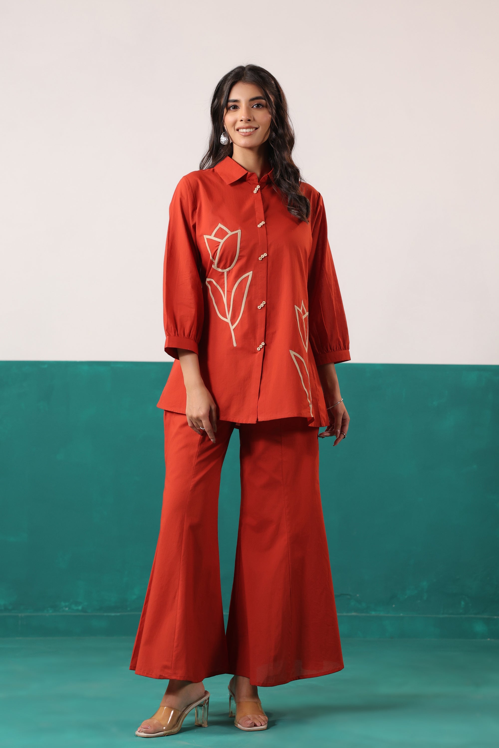 Rust Tulip Placement Embroidered Shirt Palazzo Cotton Co-ord Set