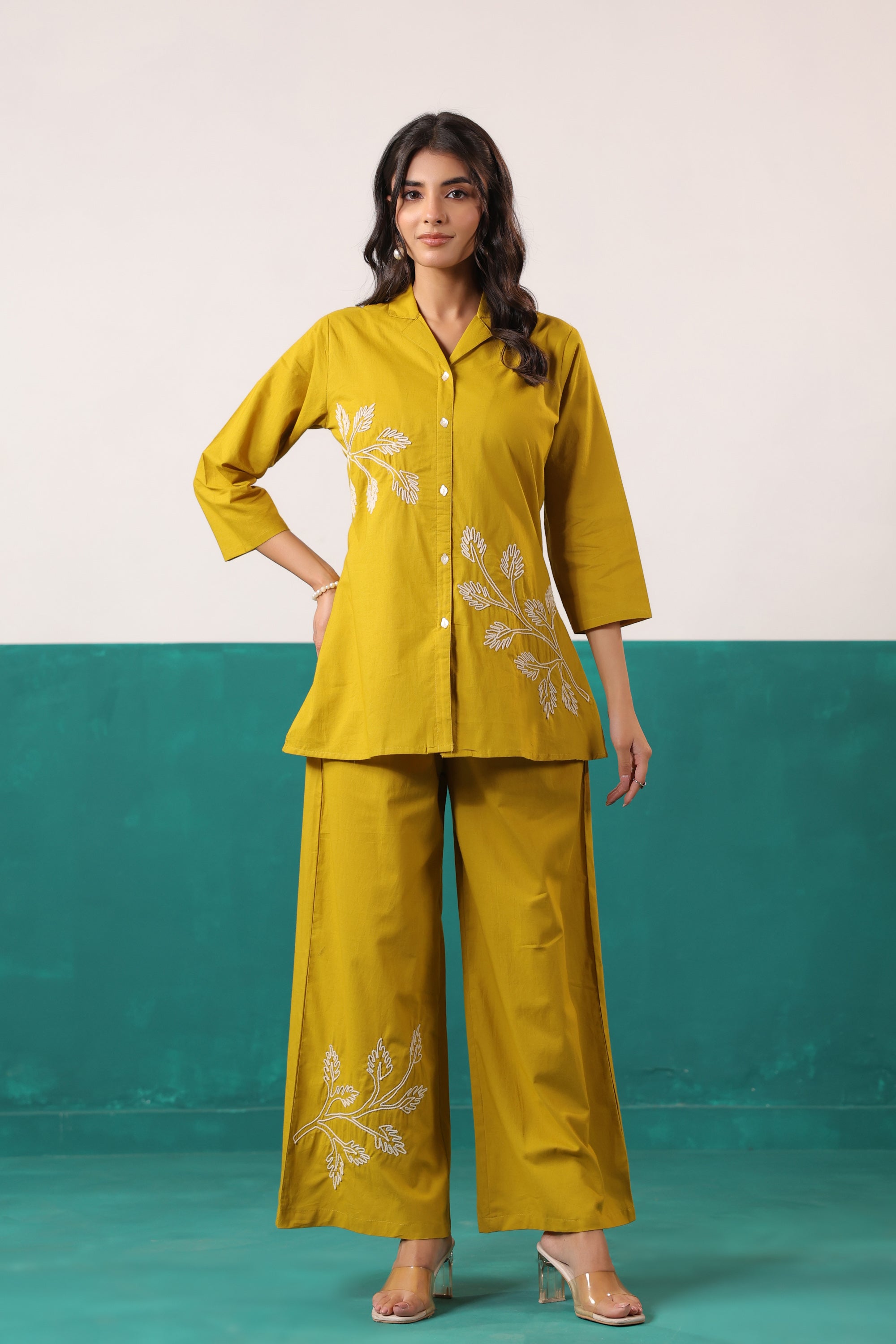 Mustard Ochre Leaf Motif Embroidered Top Palazzo Cotton Co-ord Set
