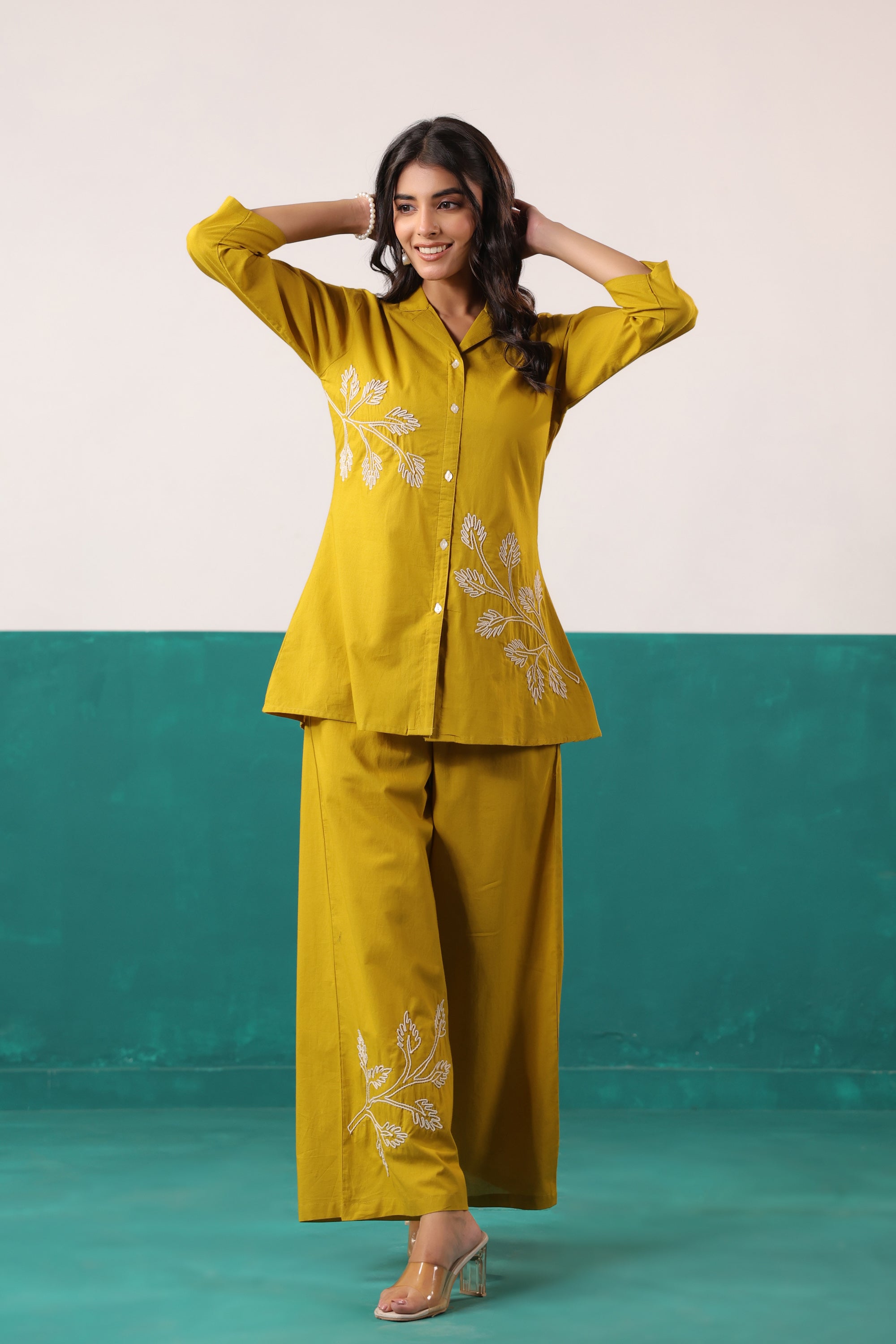 Mustard Ochre Leaf Motif Embroidered Top Palazzo Cotton Co-ord Set