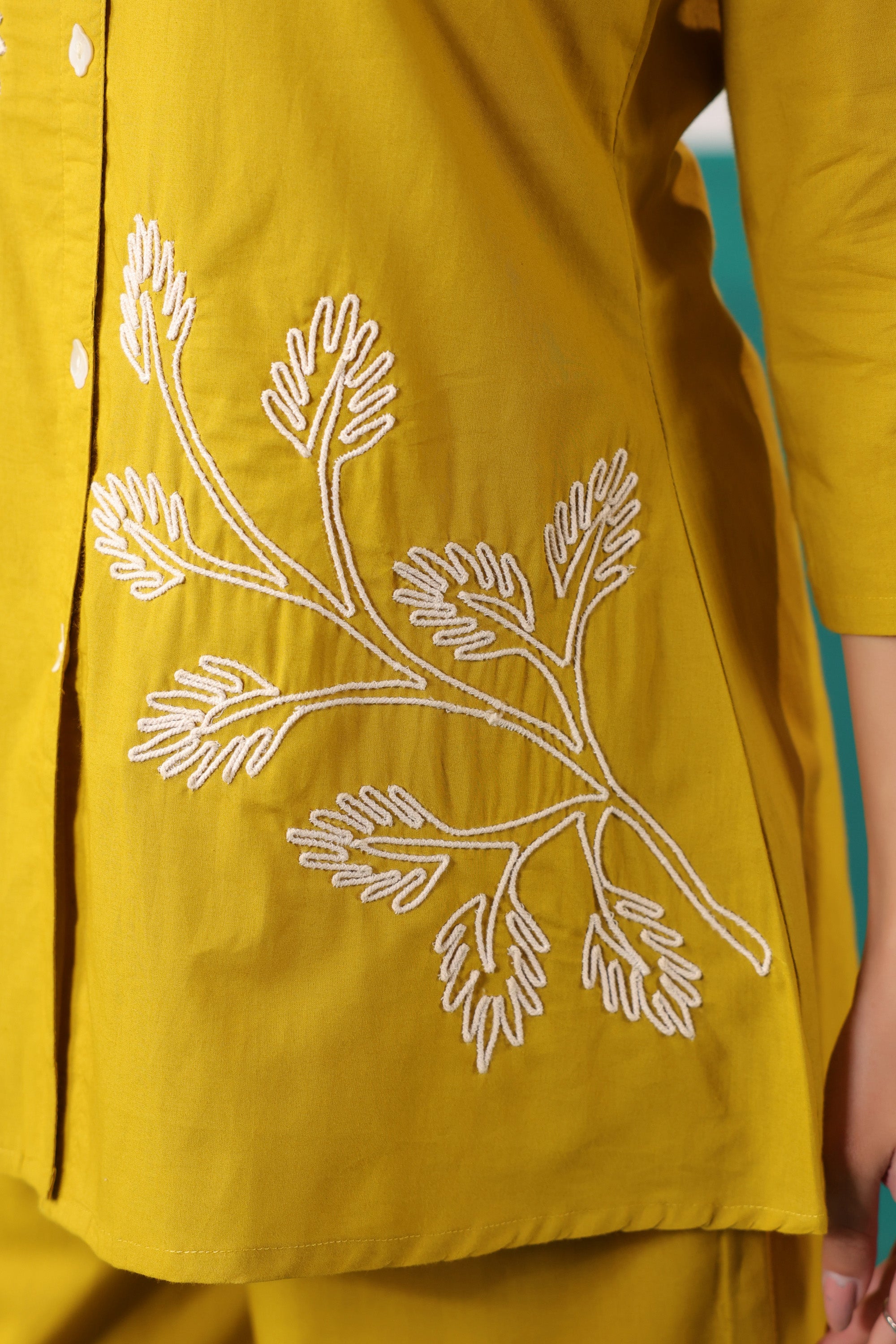 Mustard Ochre Leaf Motif Embroidered Top Palazzo Cotton Co-ord Set