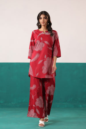 Maroon Floral Printed Straight Cotton Co-ord Set