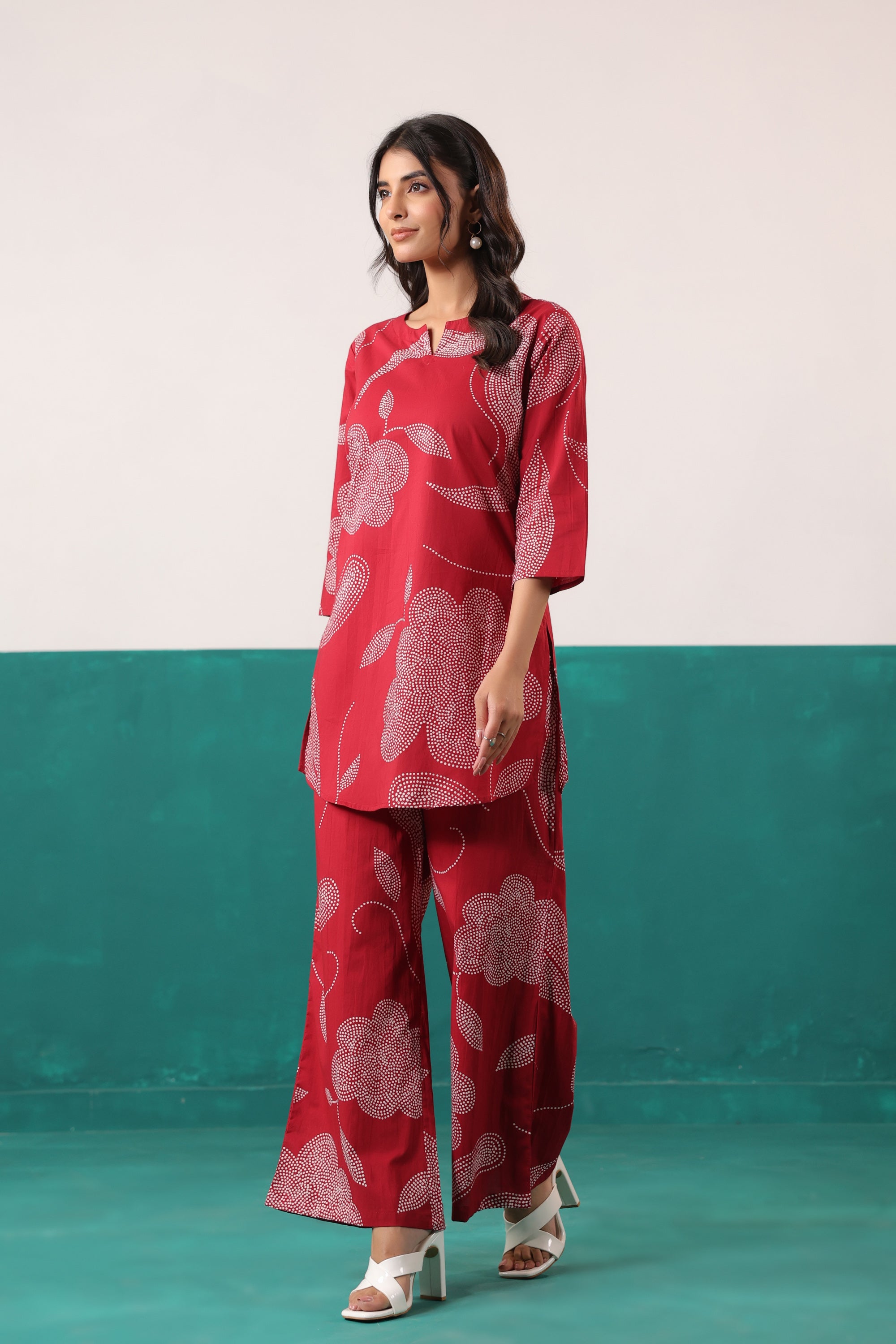 Maroon Floral Printed Straight Cotton Co-ord Set