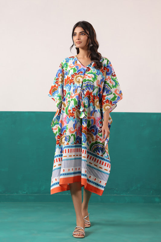 Multicolor Floral Printed Cotton Tassel Tie-Up Kaftan Dress