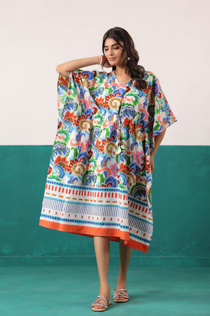 Multicoloured Floral Printed Cotton Tassel Tie-Up Kaftan
