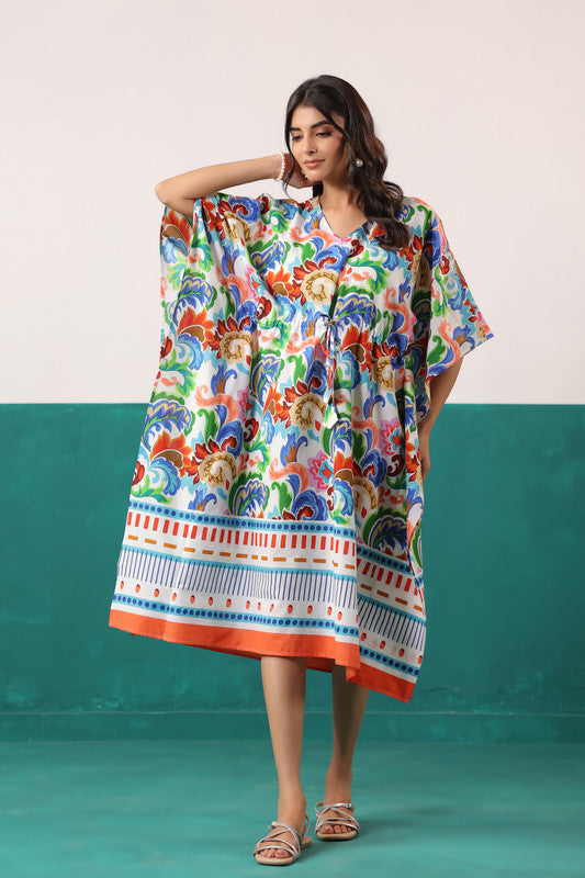 Multicolor Floral Printed Cotton Tassel Tie-Up Kaftan Dress