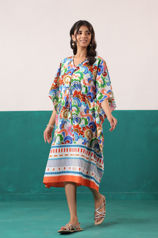 Multicolor Floral Printed Cotton Tassel Tie-Up Kaftan Dress