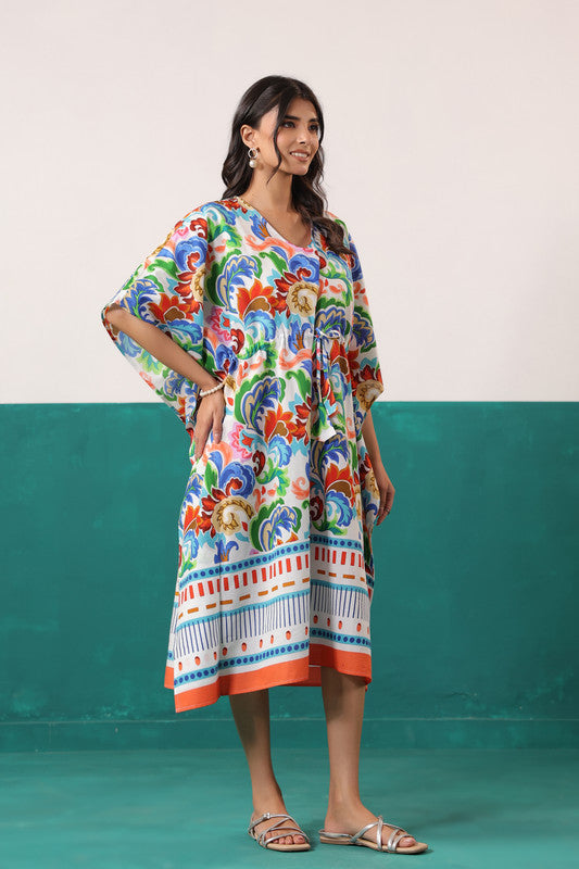 Multicolor Floral Printed Cotton Tassel Tie-Up Kaftan Dress