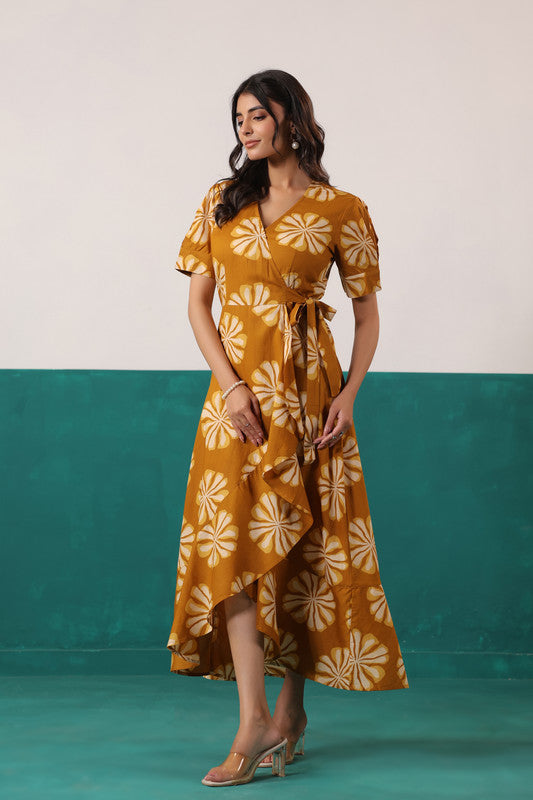 Mustard Sunflower Bloom Printed Cotton Tie-Up Wrap Dress