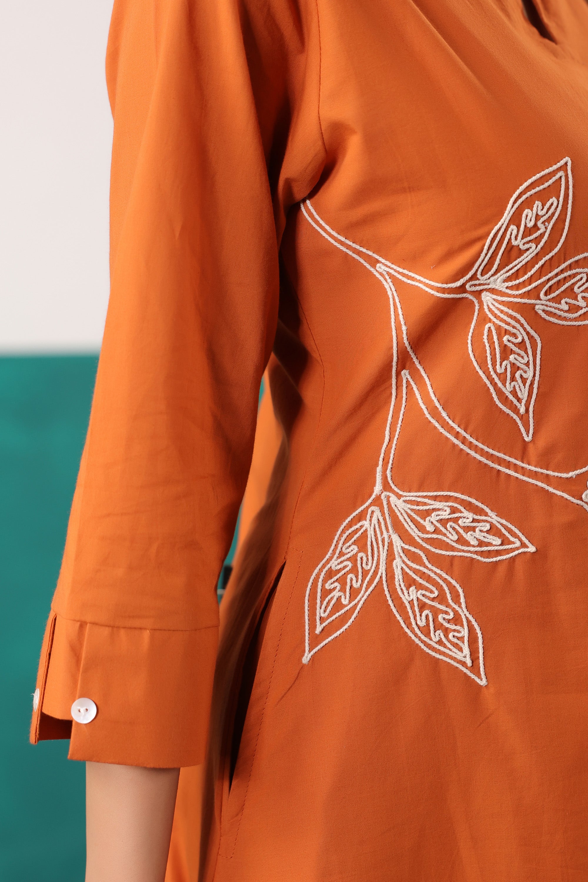Rust Thread Work Embroidered Cotton Ethnic Kurta Set with Crushed Dupatta