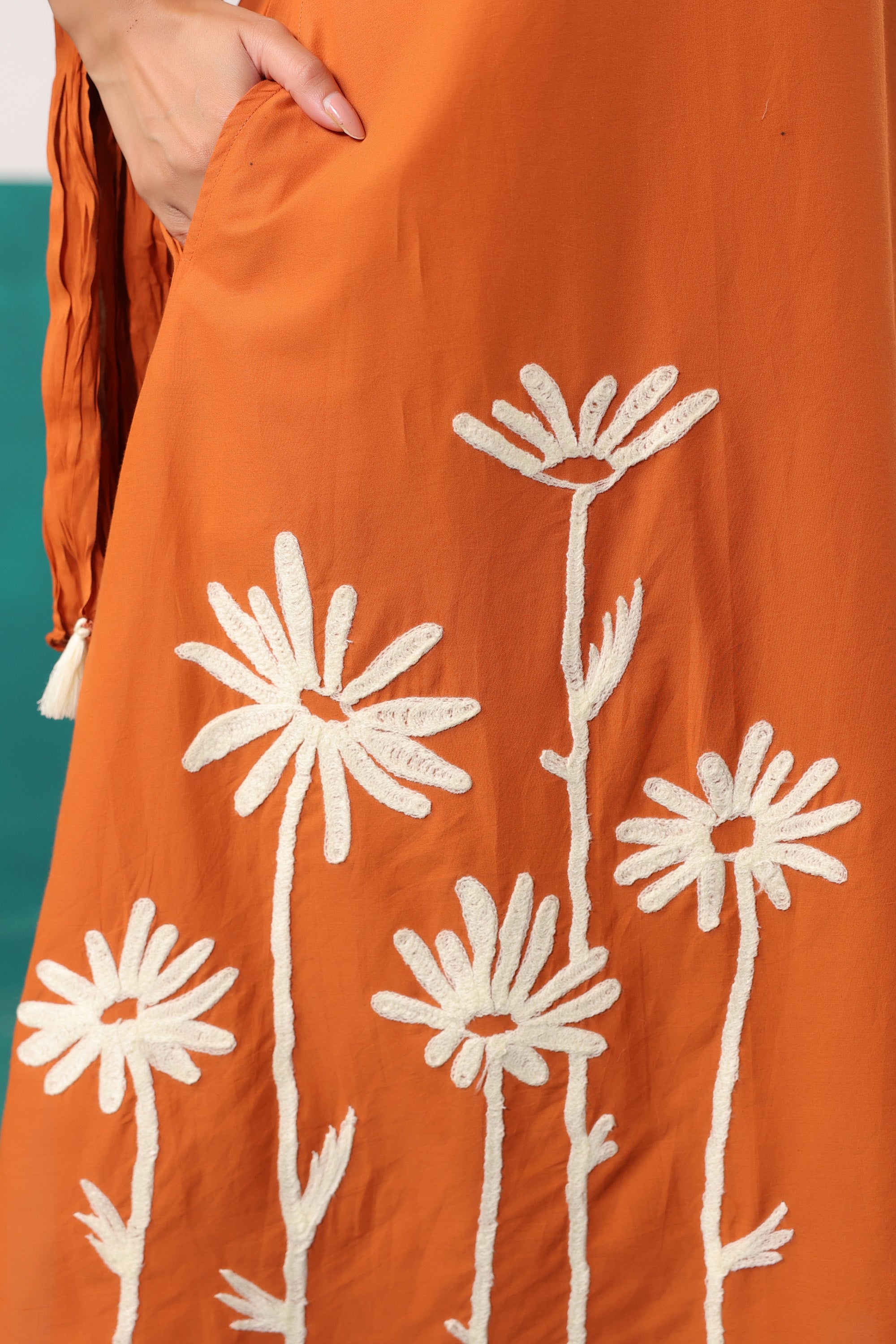 Rust Floral Embroidered Cotton Handwork Kurta Pant with Dupatta