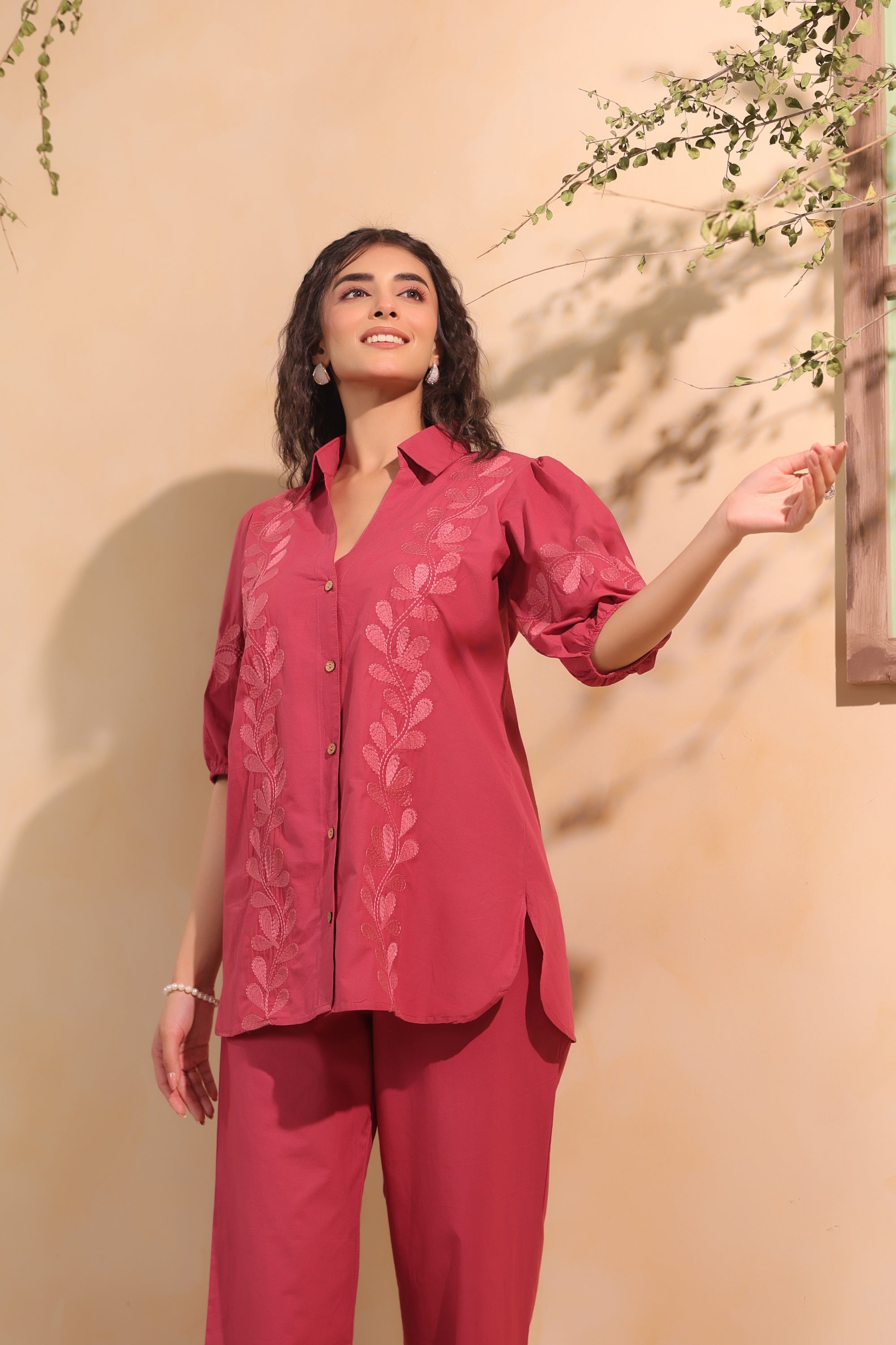 Pink Leaf Embroidered Designer Cotton Co-ord Set with Puff Sleeves