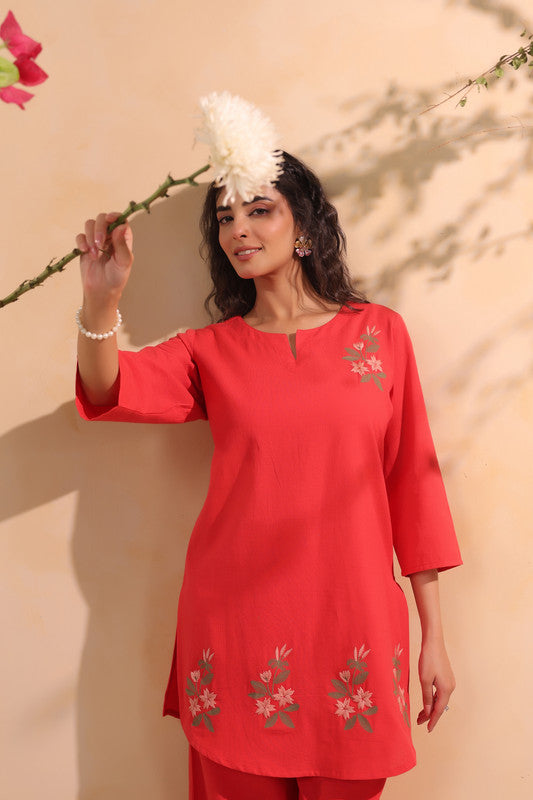 Coral Red Minimal Floral Embroidered Cotton Flex Co-ord Set