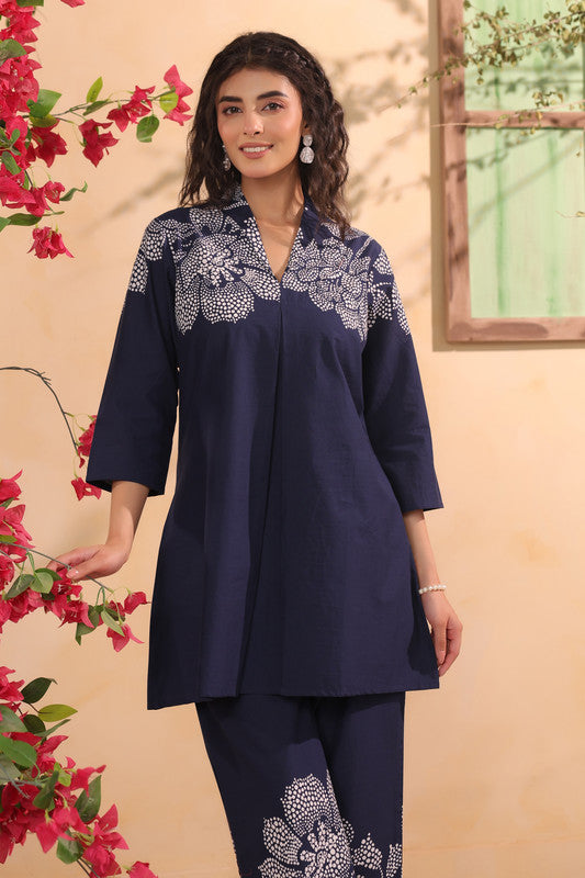 Navy Blue Elegant Floral Cotton Co-ord Set