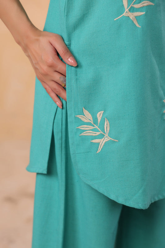 Sea Green Minimal Embroidered Leaf Motif Cotton FlexCo-ord Set