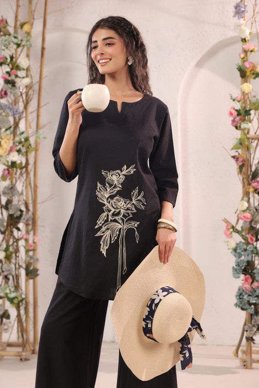 Black Designer Floral Embroidered Cotton Flex Co-ord Set