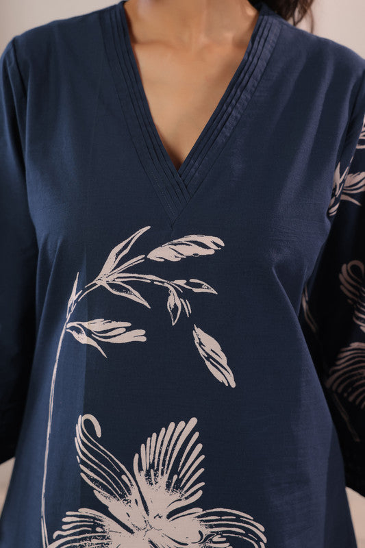 Navy Blue Designer Floral Printed Cotton Co-ord Set