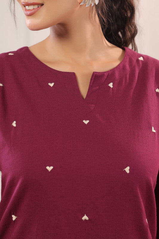 Wine Minimal Heart Motif Embroidered Cotton Flex Co-ord Set
