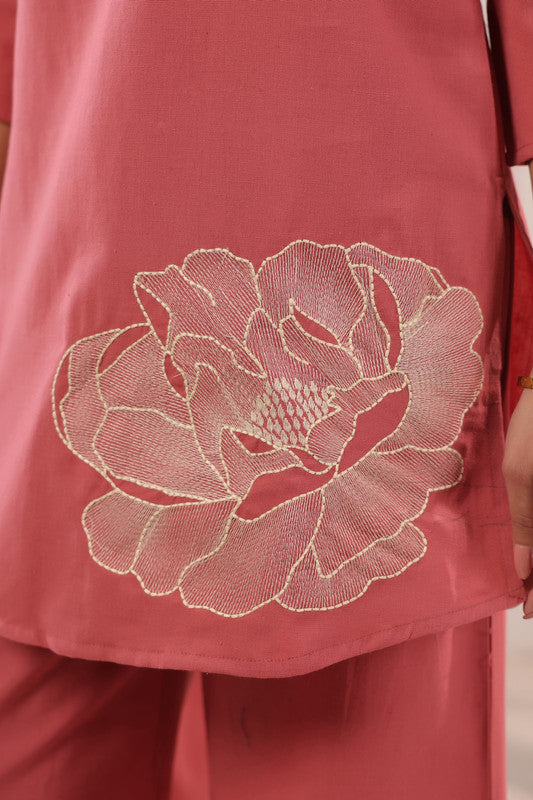Dusty Peach Floral Motif Embroidered Cotton Flex Co-ord Set