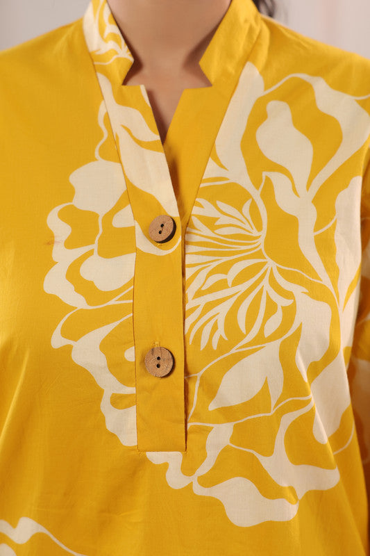 Mustard Yellow Large Floral Printed Cotton Co-ord Set with Button Placket