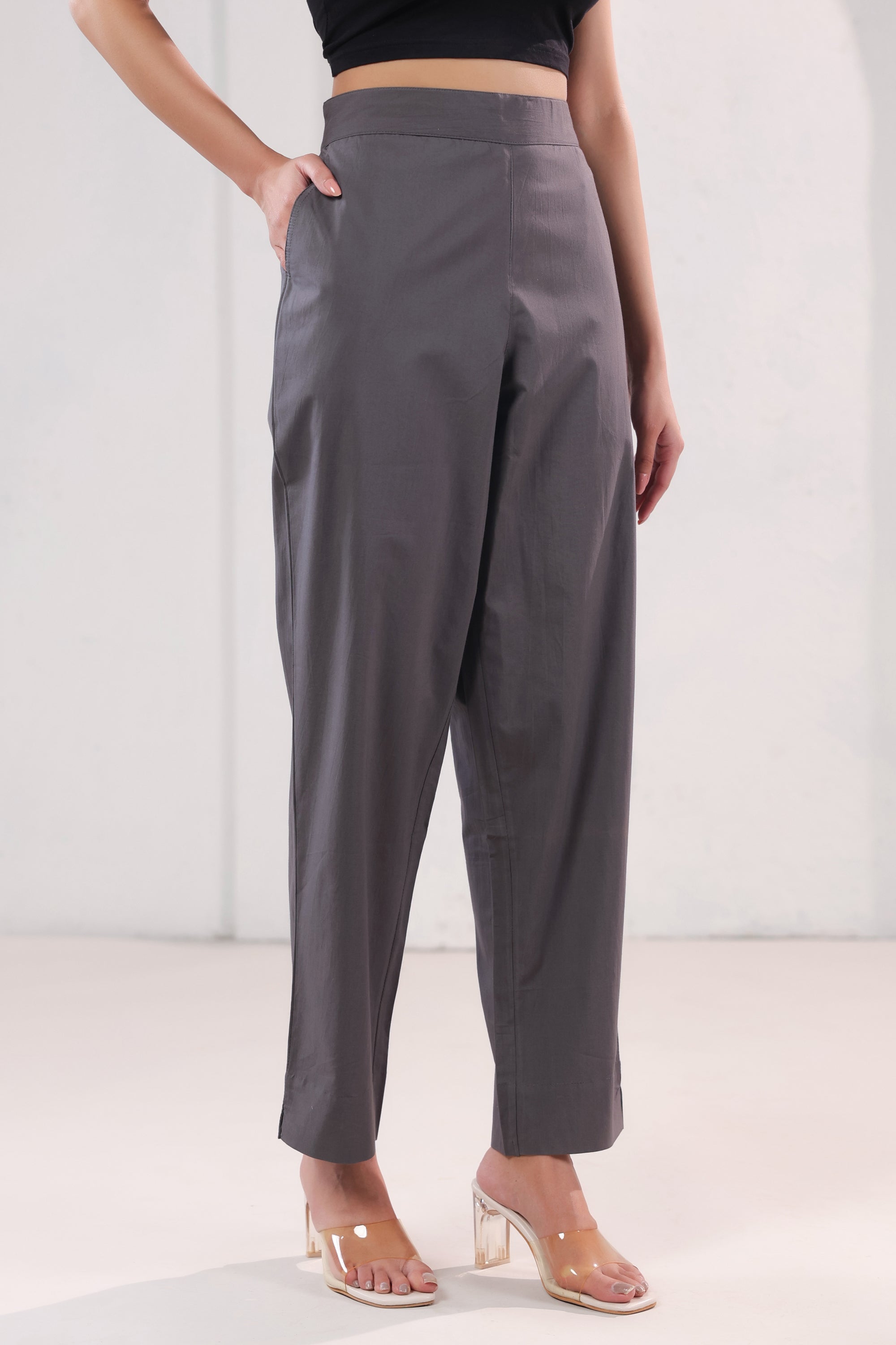 Smart Fit Solid Charcoal Grey Straight Formal Cotton Pants