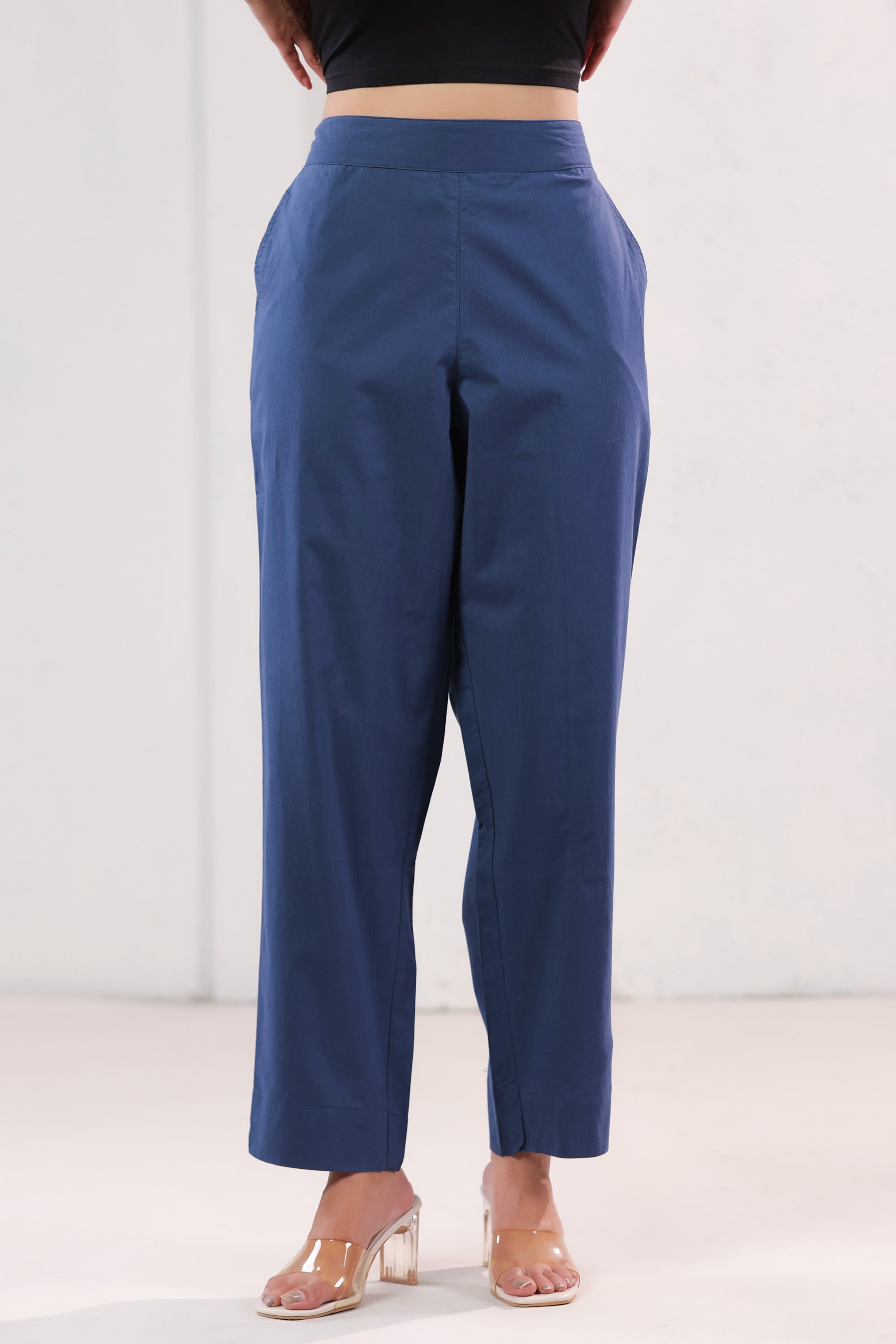 High Rise Blue Solid Straight Fit Cotton Pants