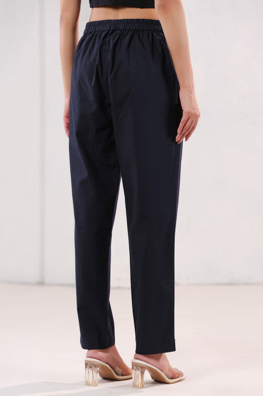 Smart Fit Navy Blue Straight Fit Formal Cotton Pants