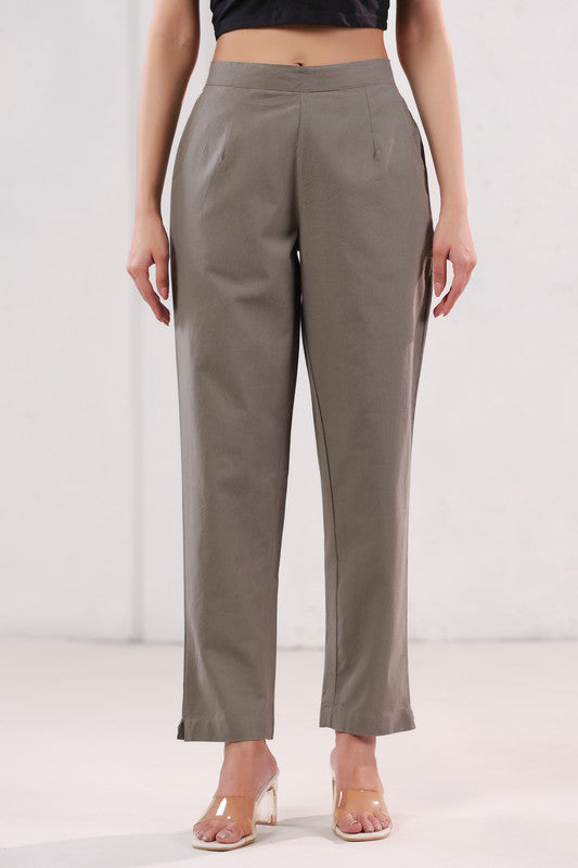 Elegant Solid Brown High Waist Straight Fit Cotton Pants