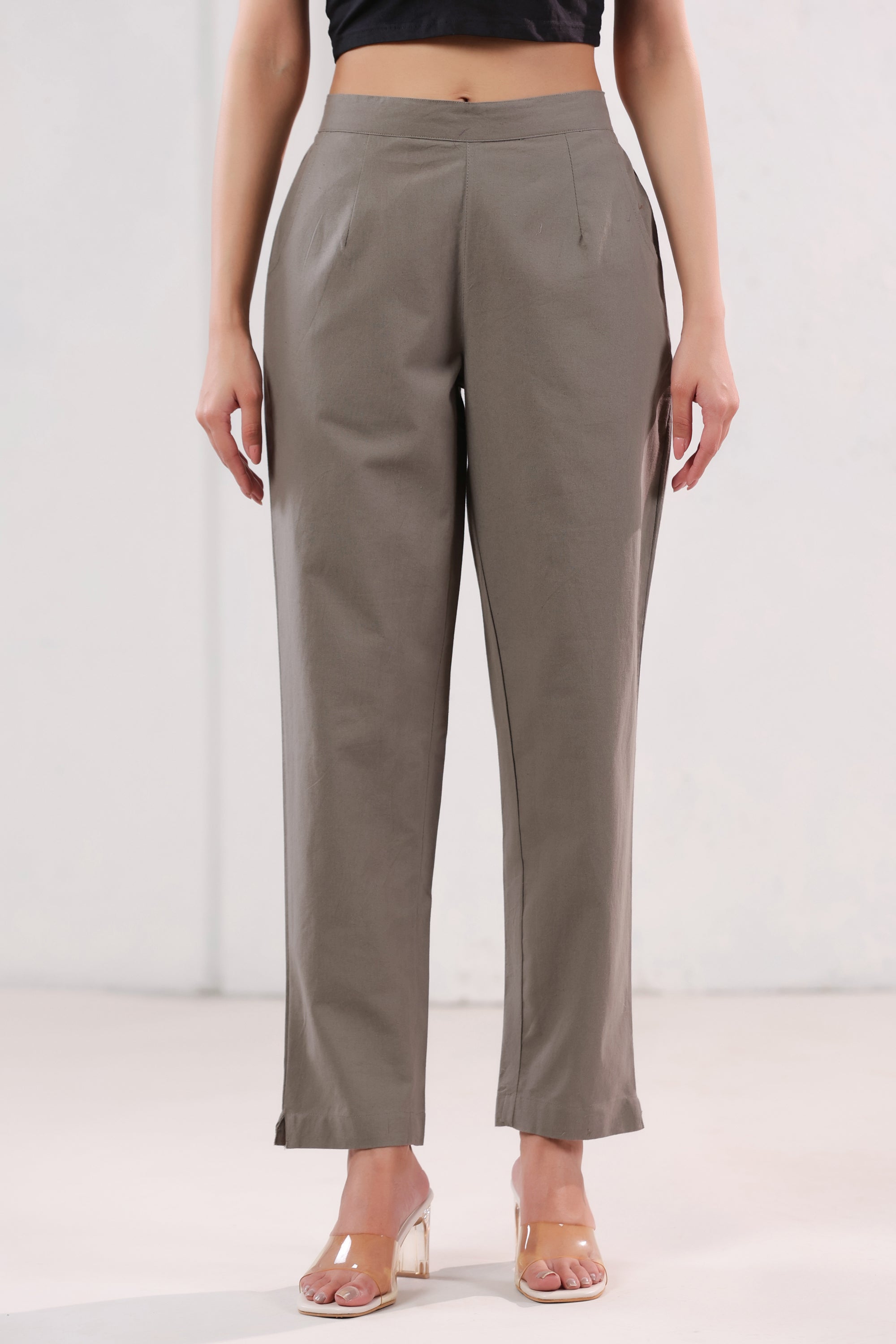 Elegant Solid Brown High Waist Straight Fit Cotton Pants