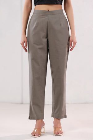 Elegant Solid Grey High Waist Straight Fit Cotton Pants