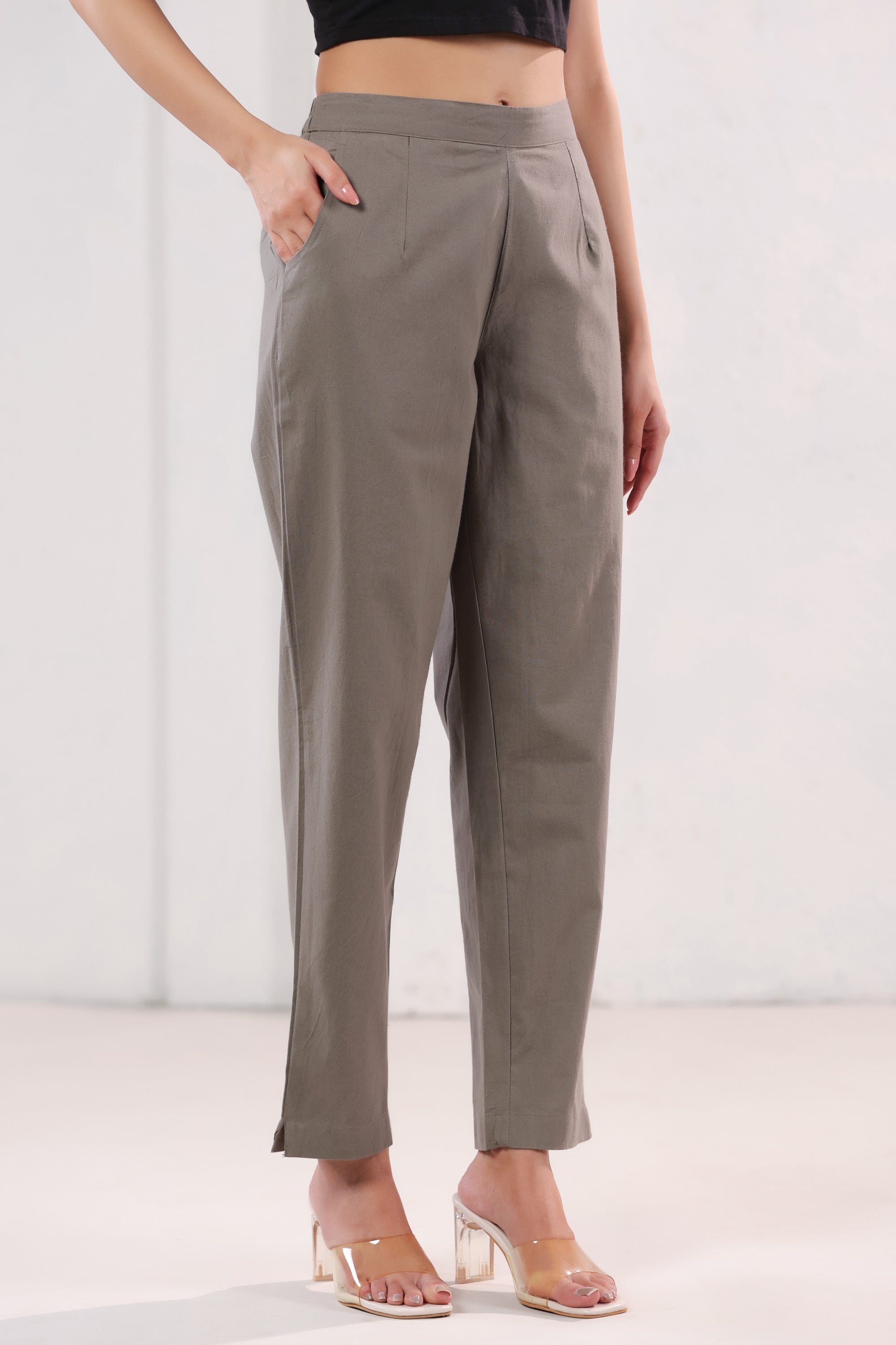 Elegant Solid Brown High Waist Straight Fit Cotton Pants