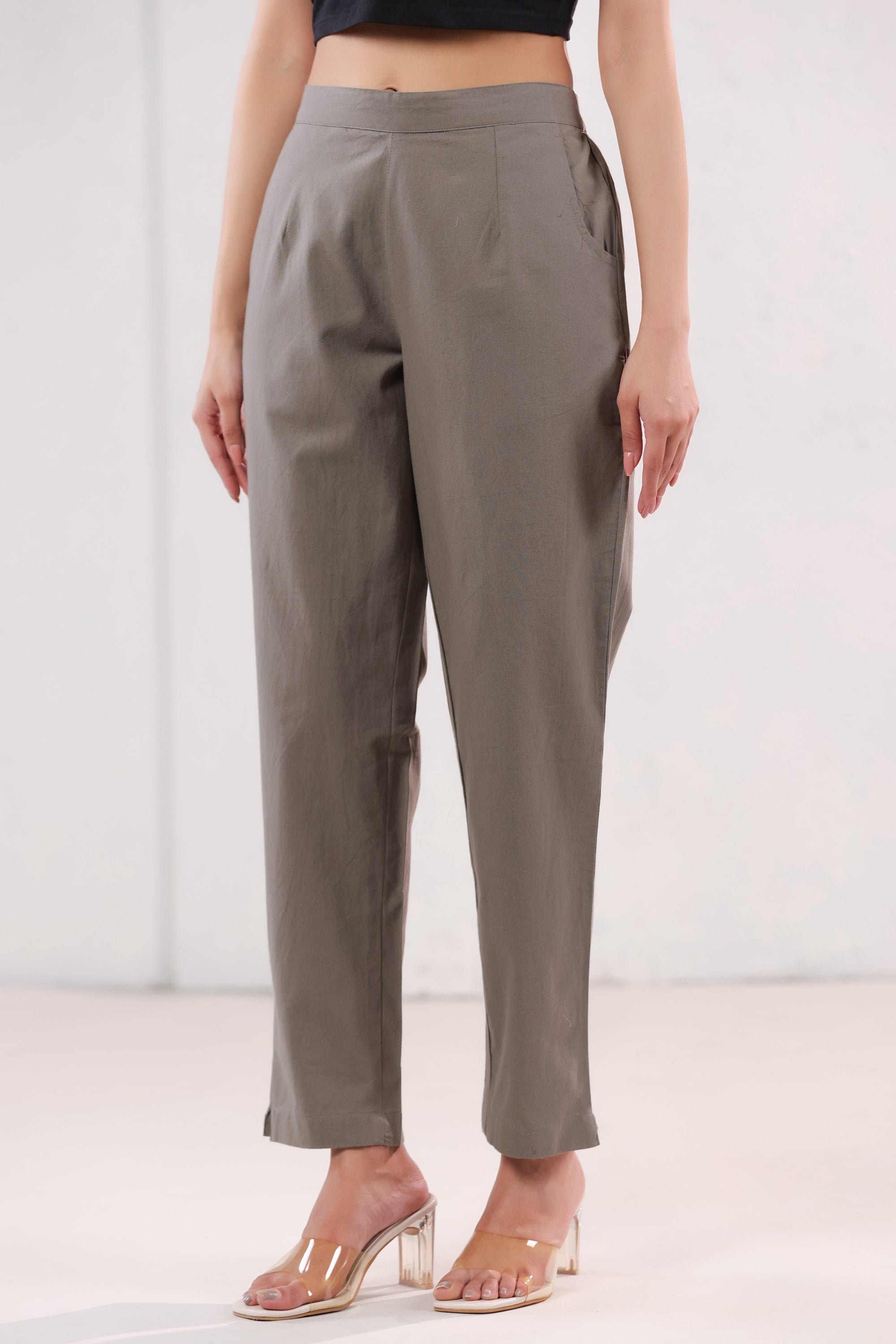 Elegant Solid Brown High Waist Straight Fit Cotton Pants