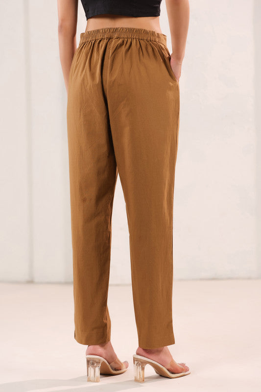 Solid Mustard Brown High Waist Straight Fit Cotton Pants