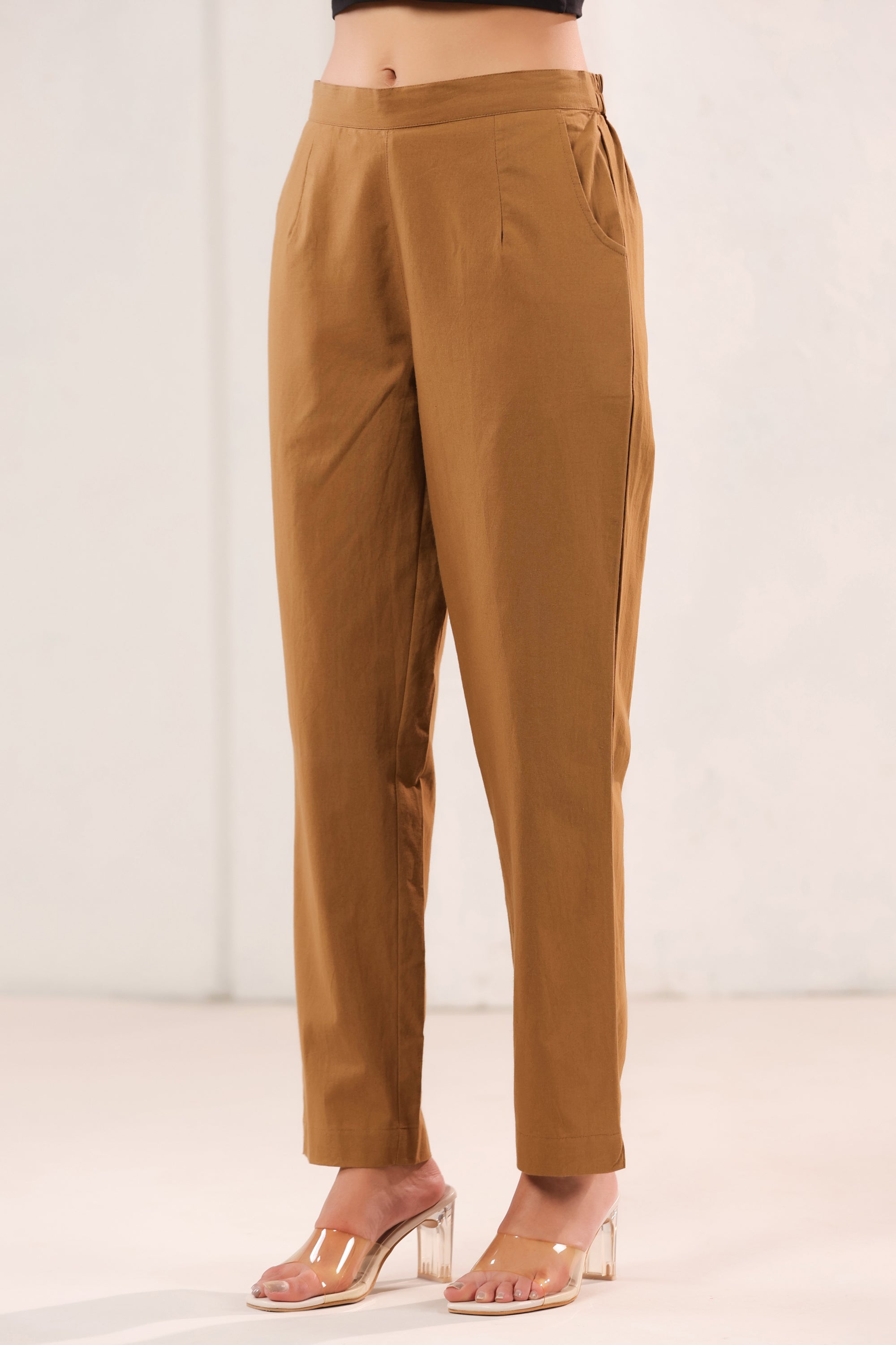 Solid Mustard Brown High Waist Straight Fit Cotton Pants