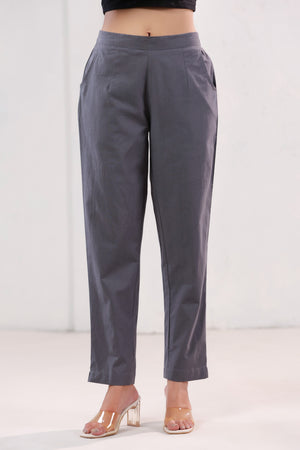 Elegant Solid Grey Ankle Length Straight Cotton Pants