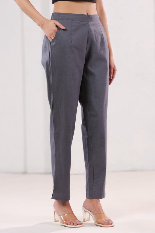 Elegant Solid Grey Ankle Length Straight Cotton Pants