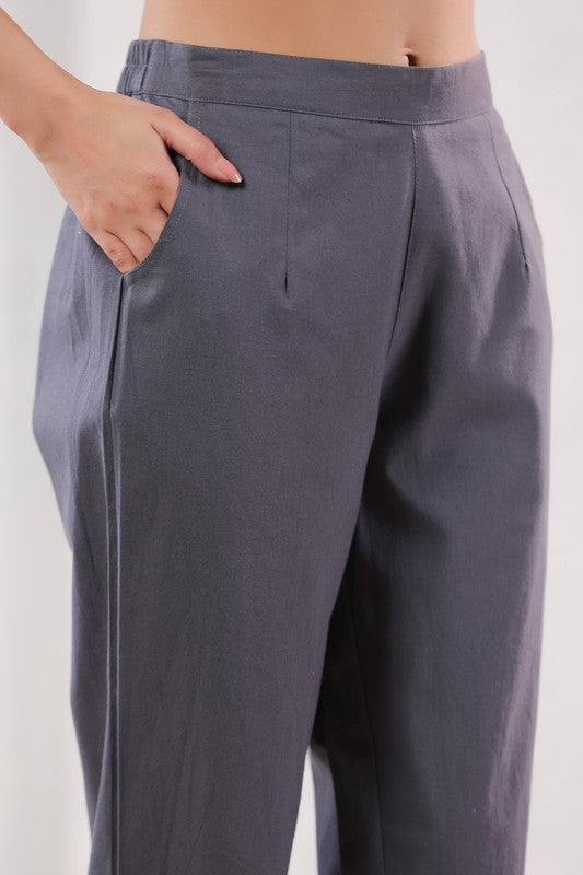 Elegant Solid Grey Ankle Length Straight Cotton Pants