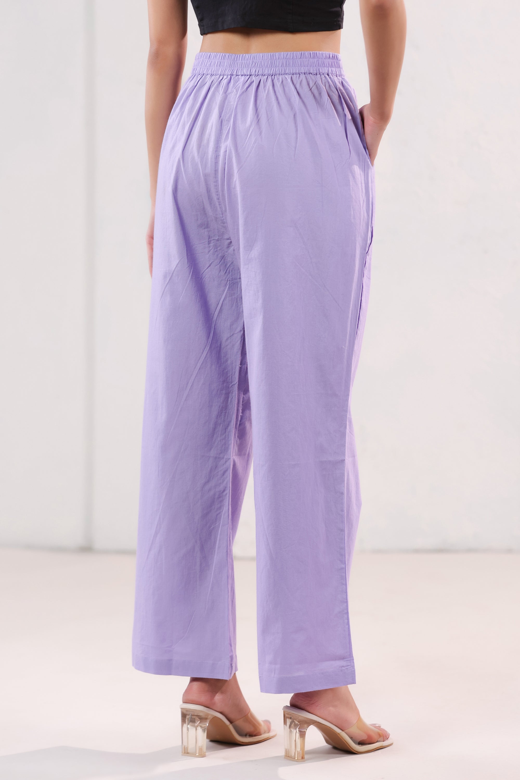Solid Lavender Wide Leg Relaxed Fit Cotton Pants