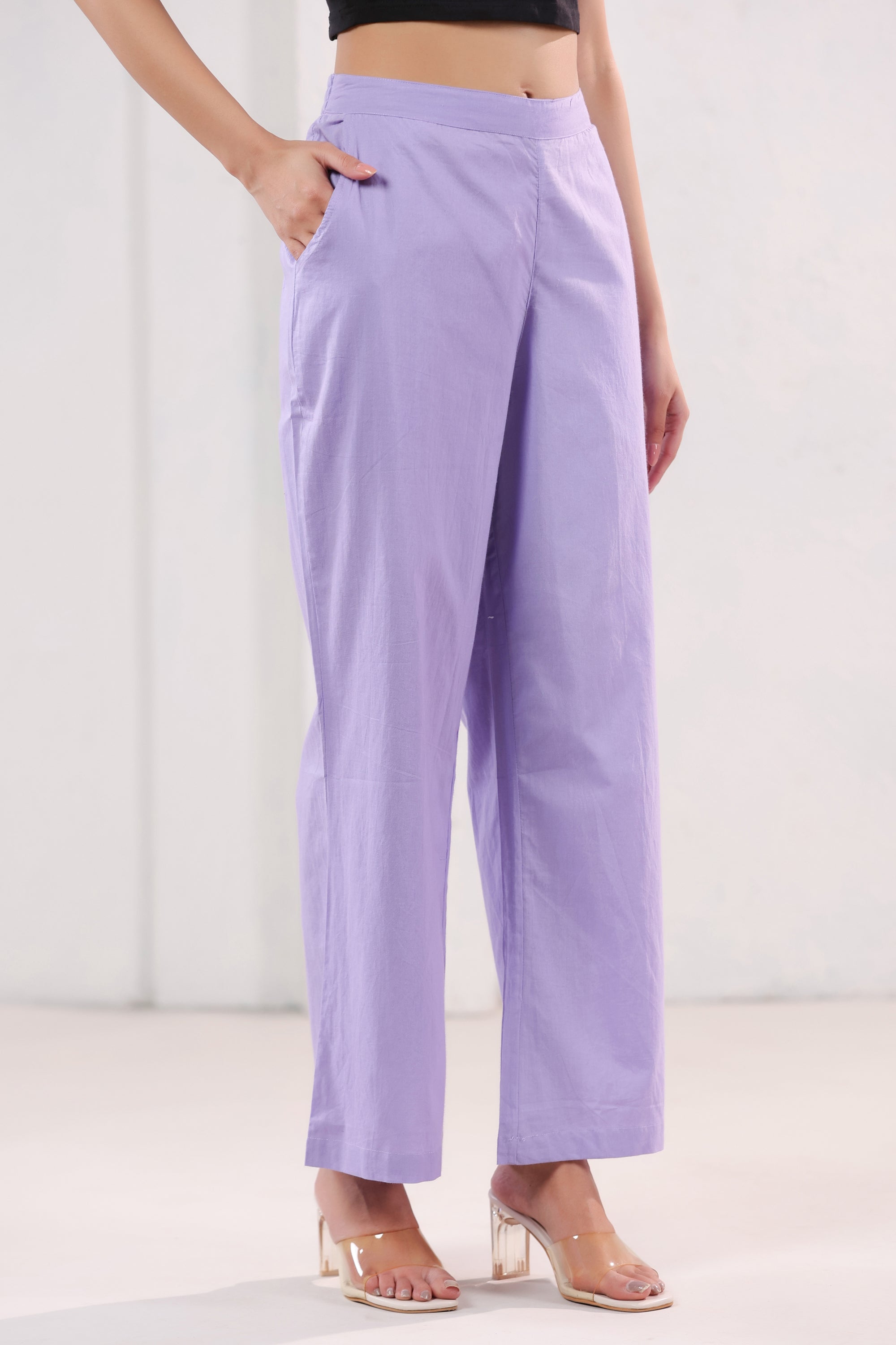 Solid Lavender Wide Leg Relaxed Fit Cotton Pants
