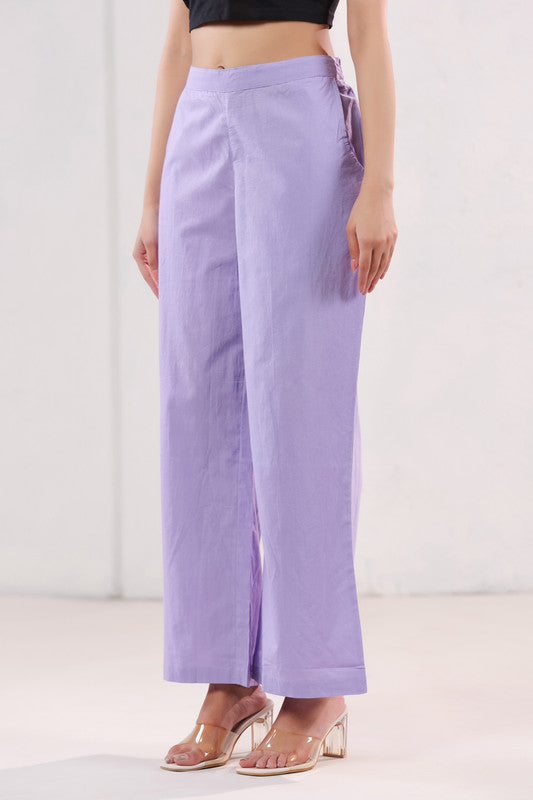 Solid Lavender High Waist Wide Leg Relaxed Fit Cotton Pants
