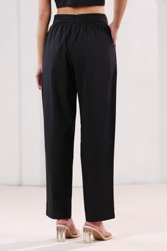 Solid Black Straight Ankle Length Cotton Pants