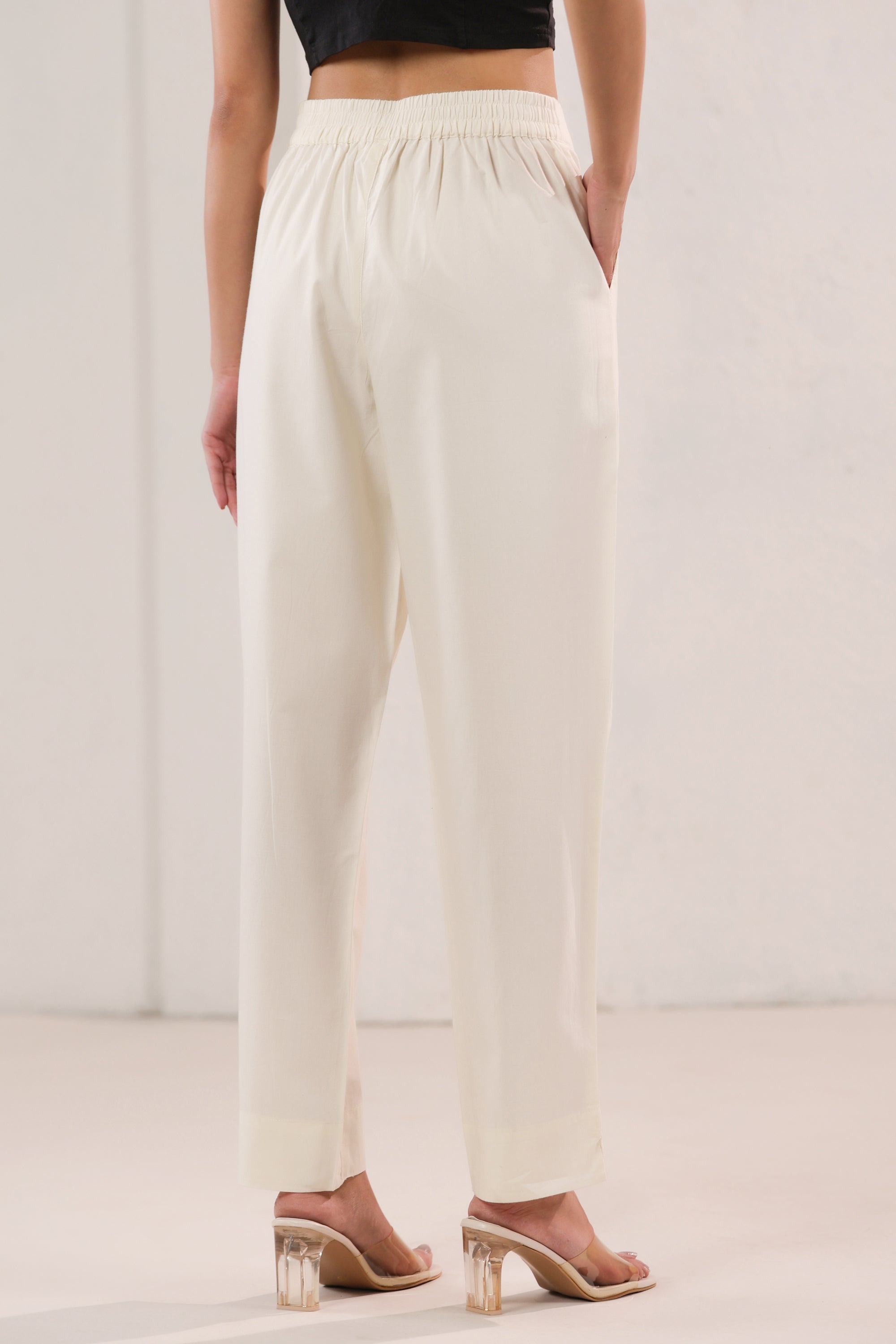 Solid Off-White High Waist Straight Fit Cotton Pants