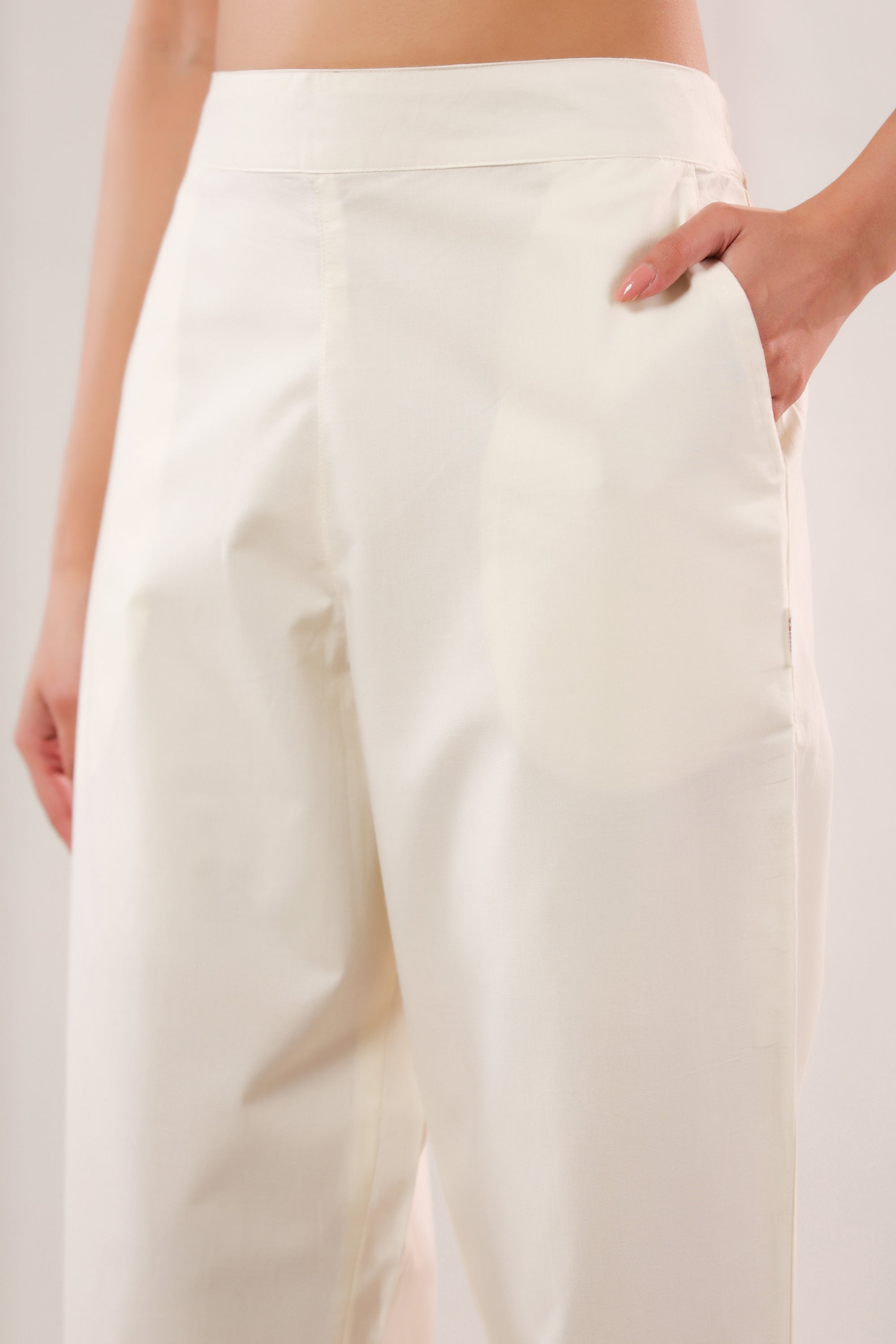 Solid Off-White High Waist Straight Fit Cotton Pants