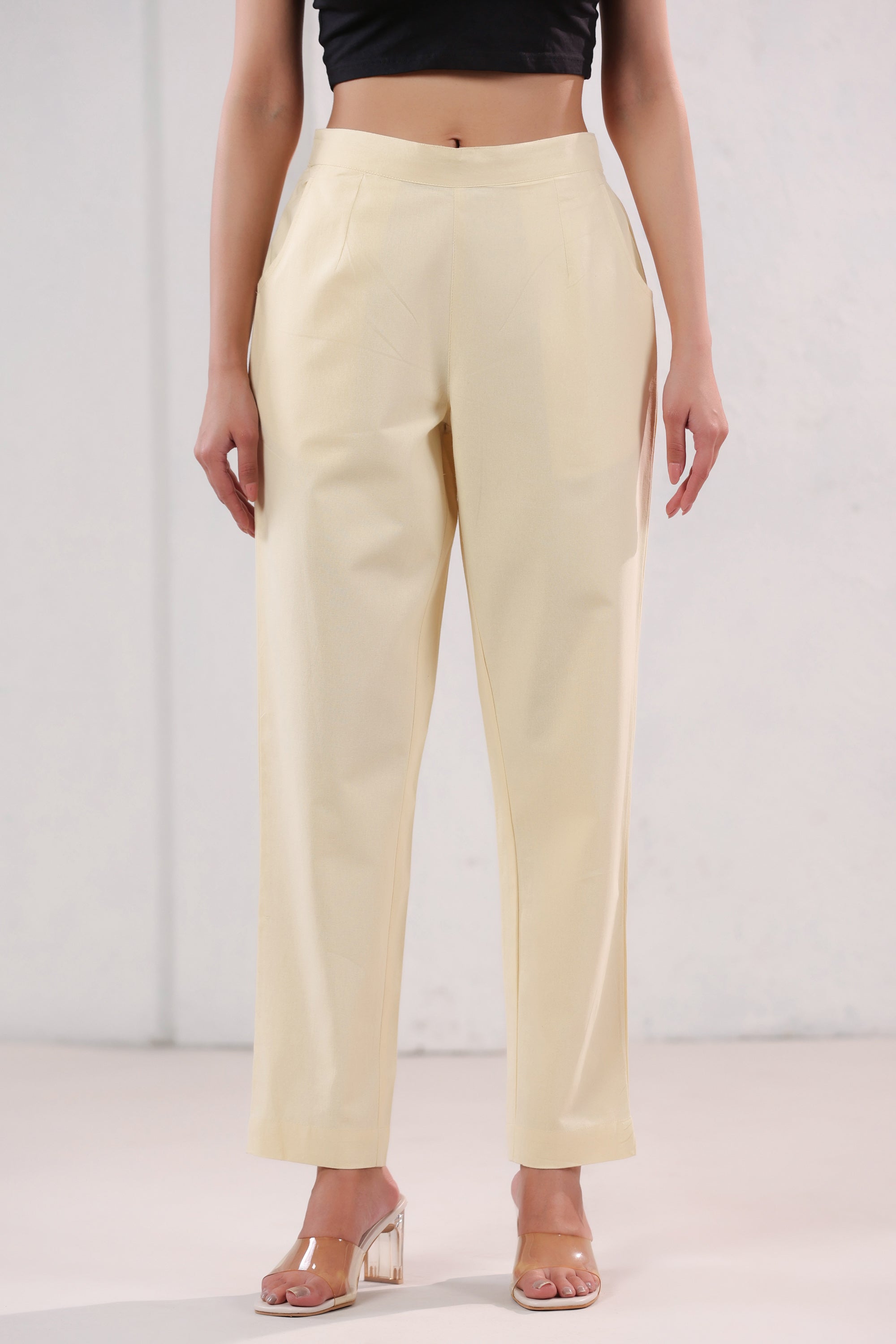 Solid Ivory Straight Fit Cotton Pants