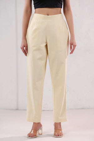 Solid Beige Straight Fit Cotton Pants